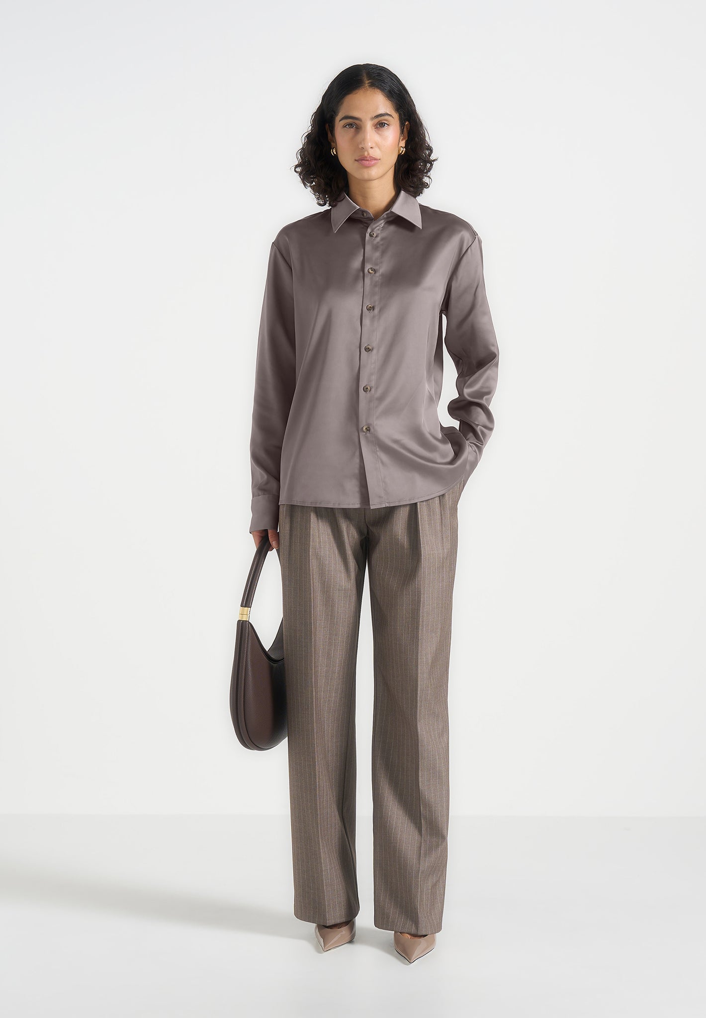 Carter - Unisex Oversized Satin Shirt - Taupe