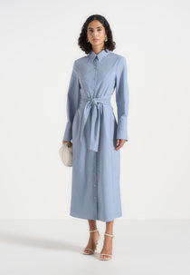 Fern - Linen Midi Shirt Dress With Tie Waist - Blue