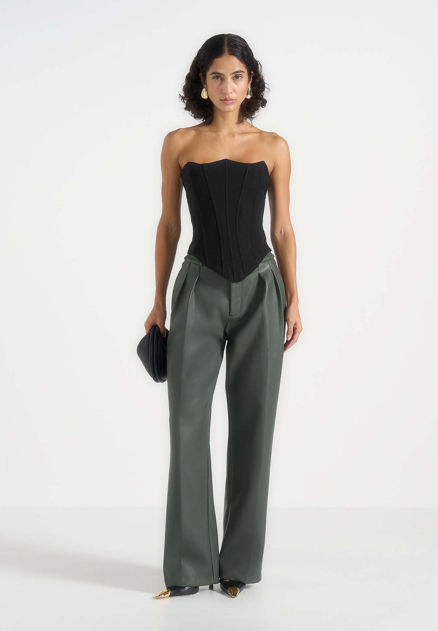 Julie - Leather Twin Pleat Pants - Olive 