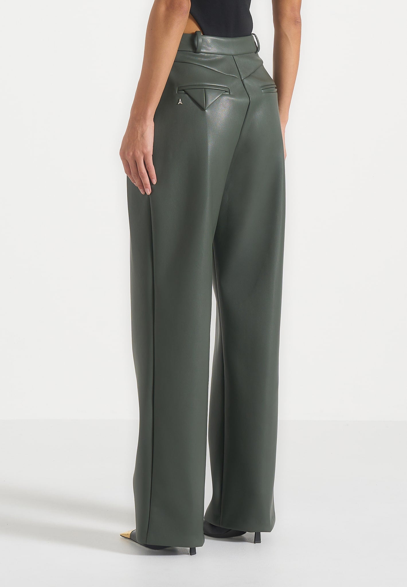 Julie - Leather Twin Pleat Pants - Olive
