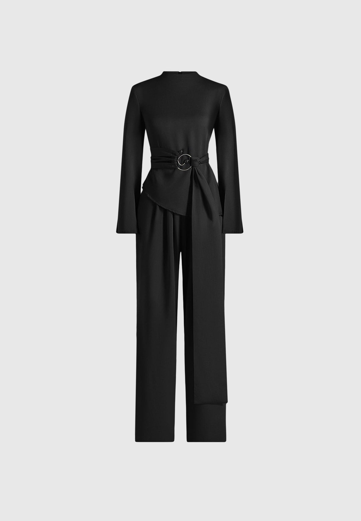 aurore-mock-neck-ring-belt-pleated-leg-jumpsuit-black