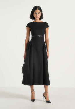 gaia-boat-neck-belted-pleated-midi-dress-black