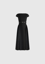 Gaia - Boat Neck Belted Pleated Midi Dress - Black