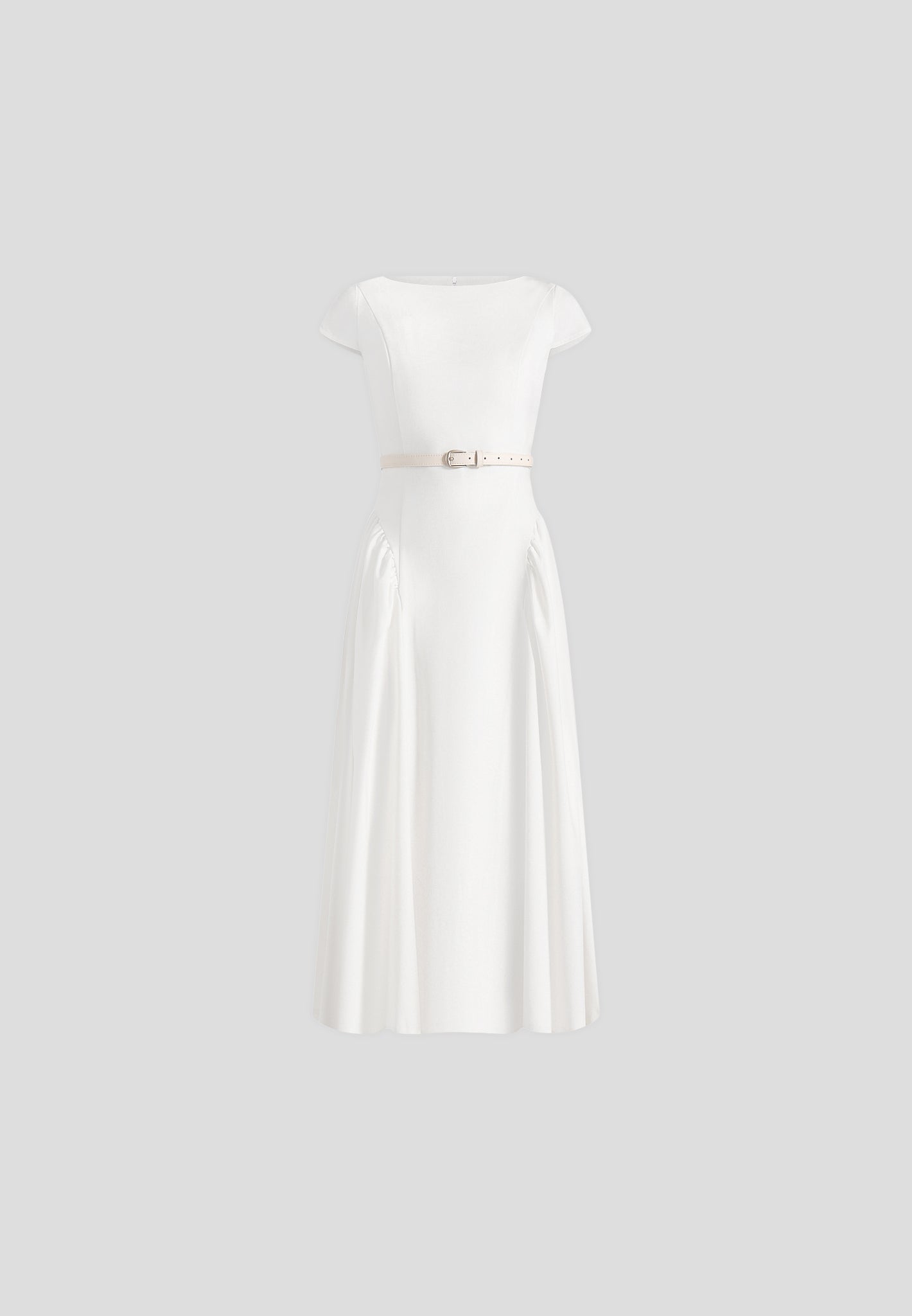 Gaia - Boat Neck Belted Pleated Midi Dress - White