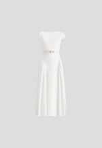 Gaia - Boat Neck Belted Pleated Midi Dress - White