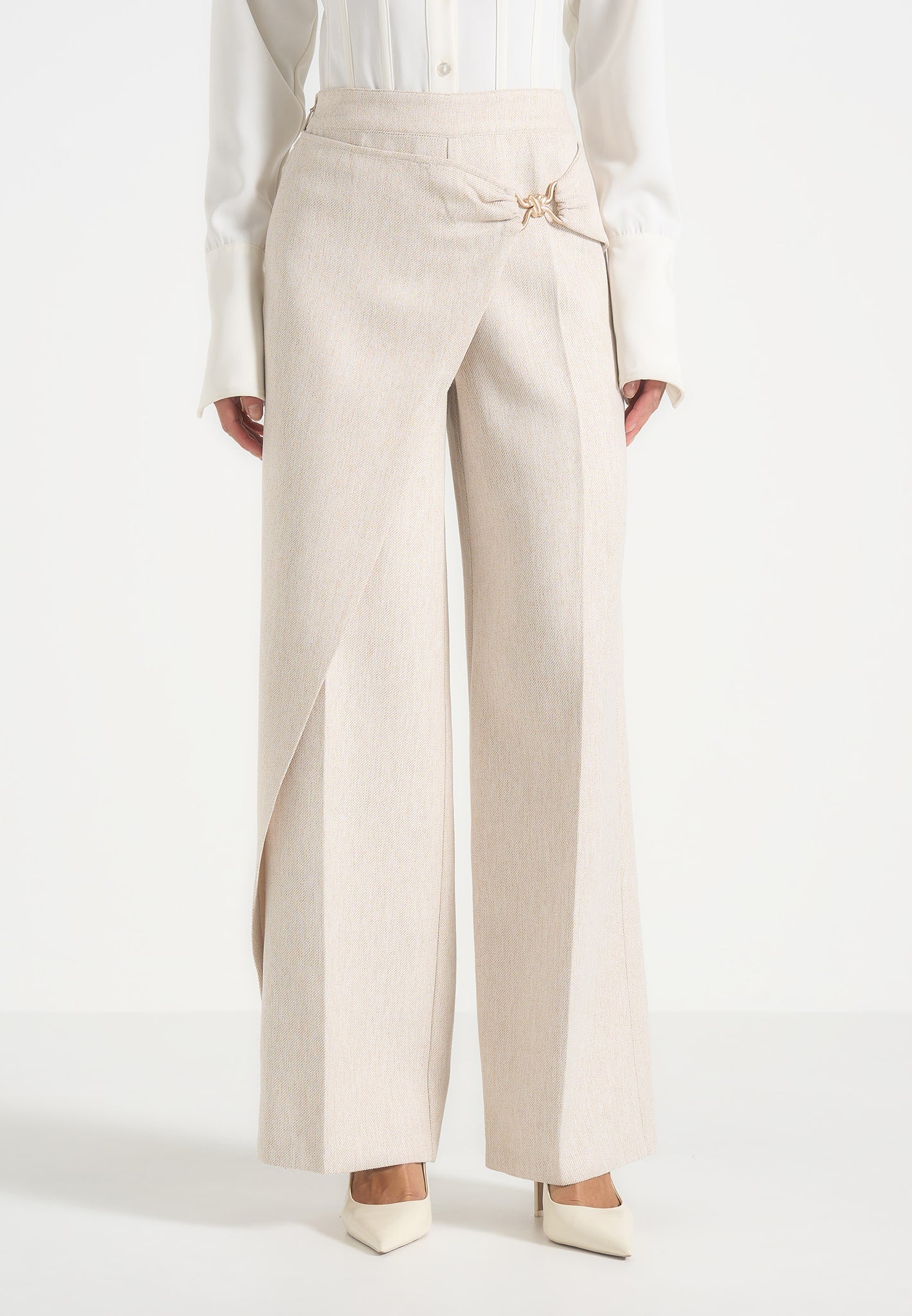 Beryl - Wrap Tailored Pants With Hardware Detail - Cream