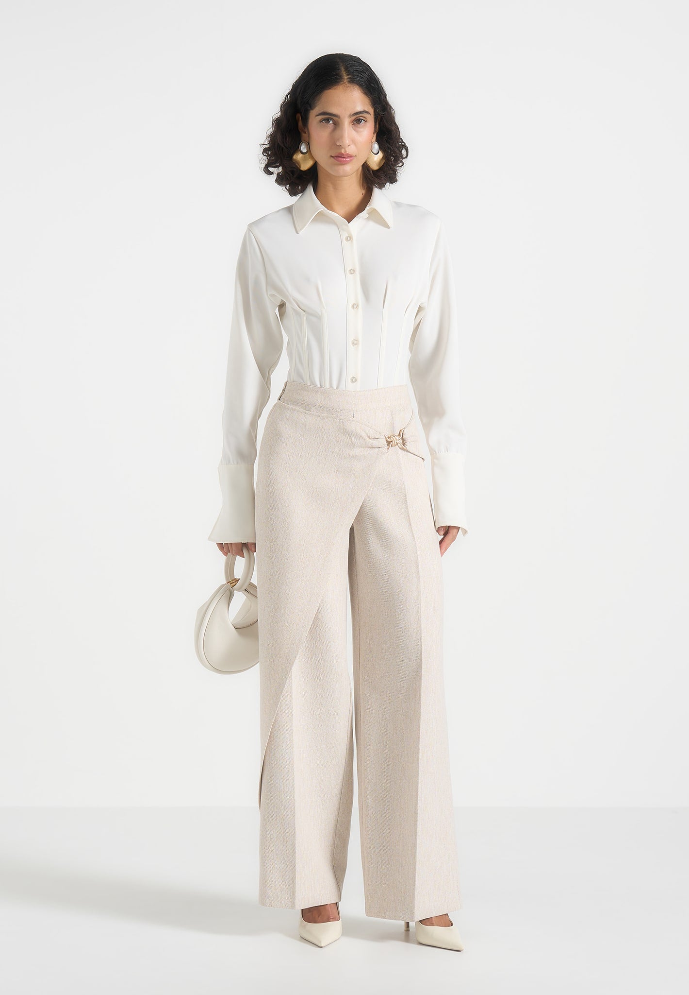 Beryl - Wrap Tailored Pants With Hardware Detail - Cream 