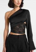 Coralie - One Sleeve Satin and Lace Wrap Top - Black