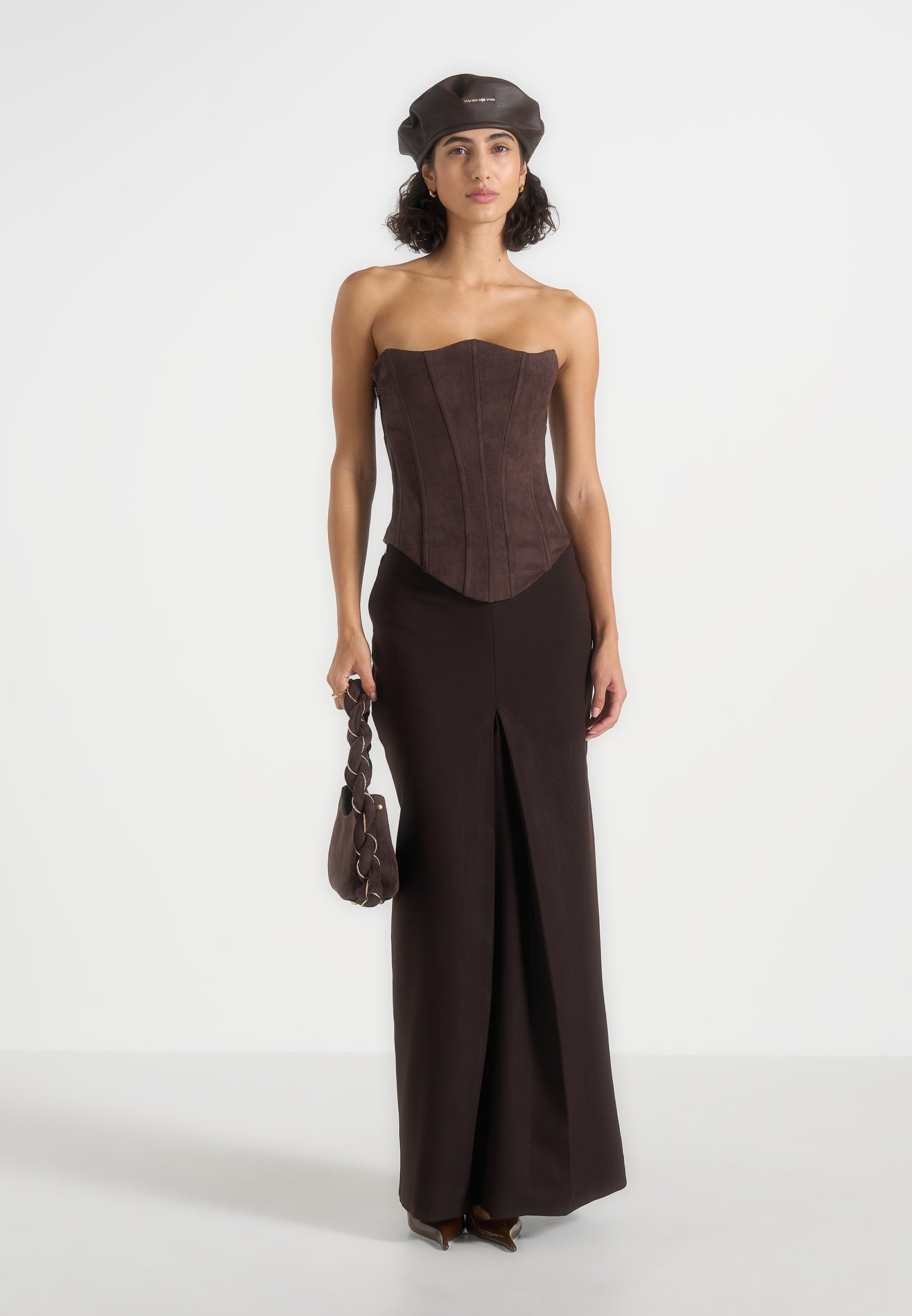 Regine - Tailored Box Pleat Maxi Skirt - Brown 