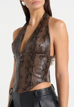sloane-python-halterneck-corset-top-brown