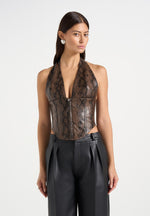sloane-python-halterneck-corset-top-brown