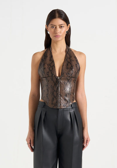 sloane-python-halterneck-corset-top-brown