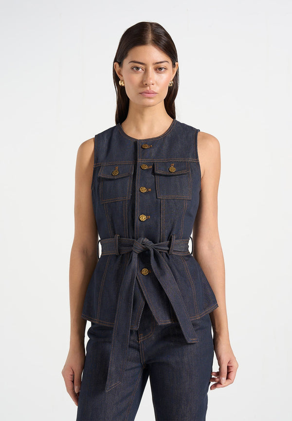 Darcy - Denim Crew Neck Vest - Polished Indigo