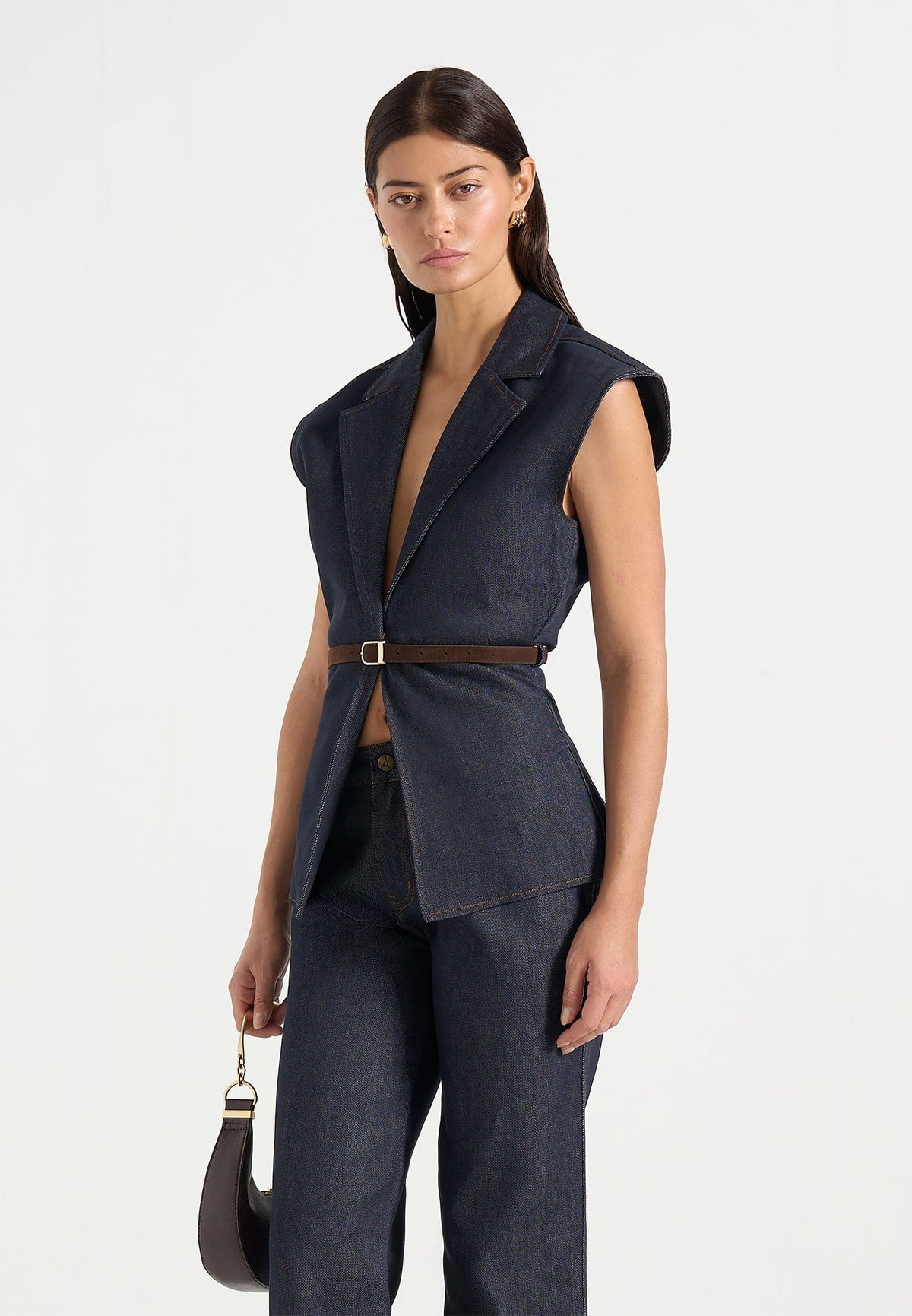 Linda - Wide Shoulder Cinched Denim Vest - Indigo