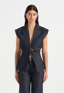 Linda - Denim Wide Shoulder Cinched Waistcoat - Indigo