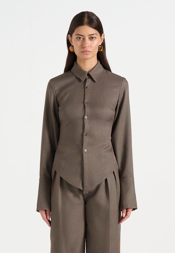 Sonia - Houndstooth Cinch Shirt - Brown
