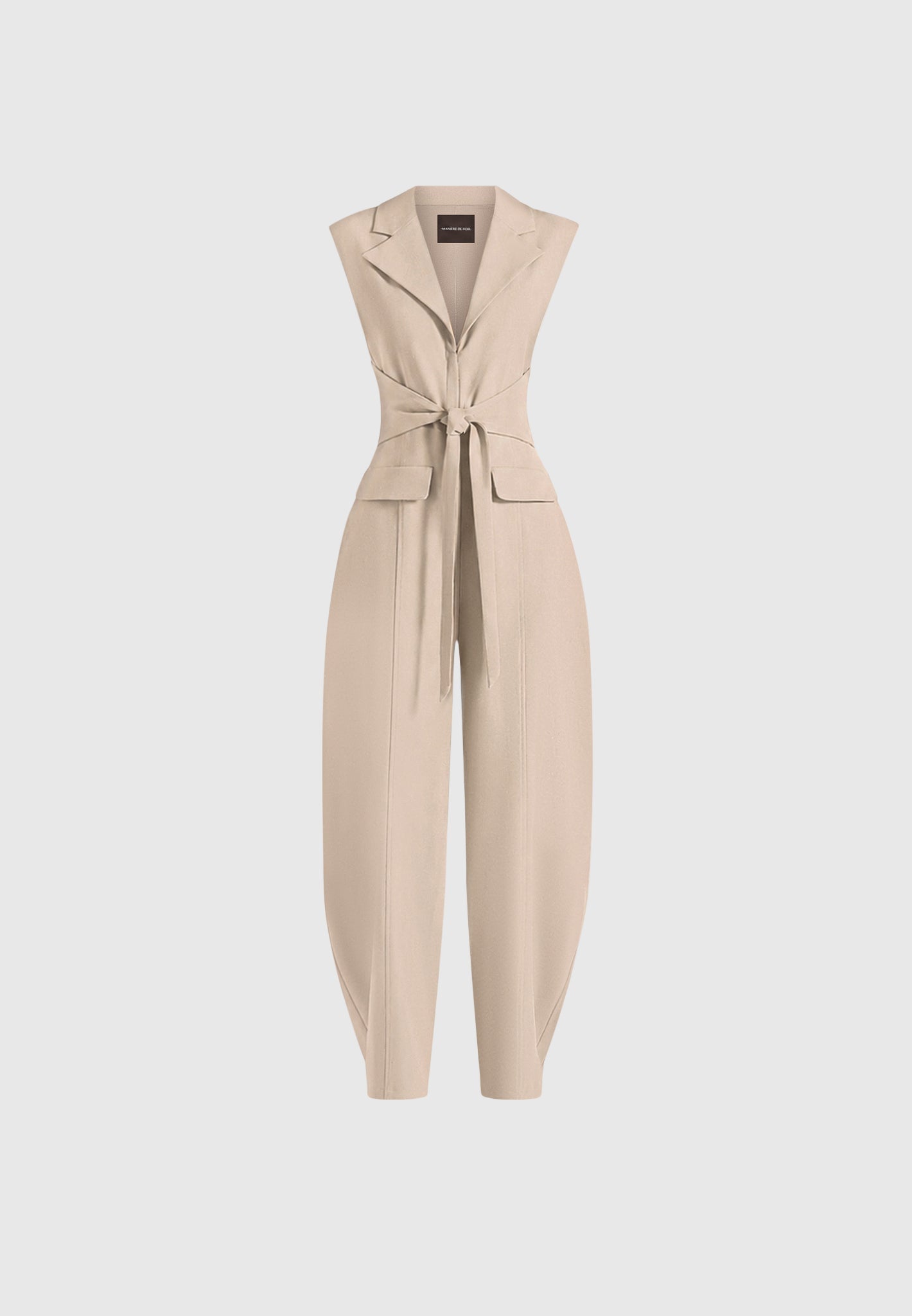 Kira - Tie-Waist Barrel Leg Tailored Jumpsuit - Beige