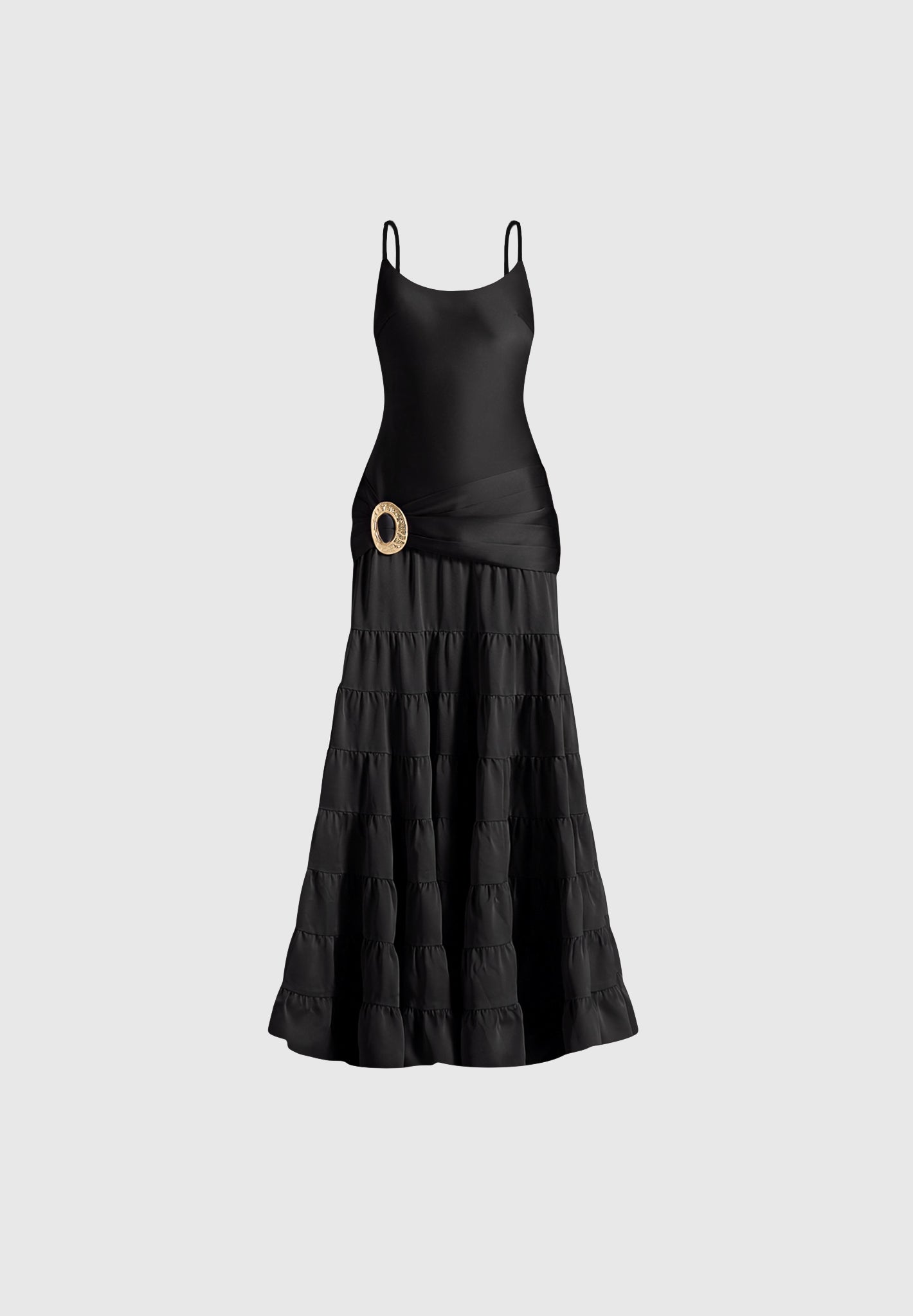 Naomi - Cami Satin Tiered Belted Maxi Dress - Black
