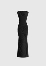 Bridget - V Neck Asym Ruched Maxi Dress - Black