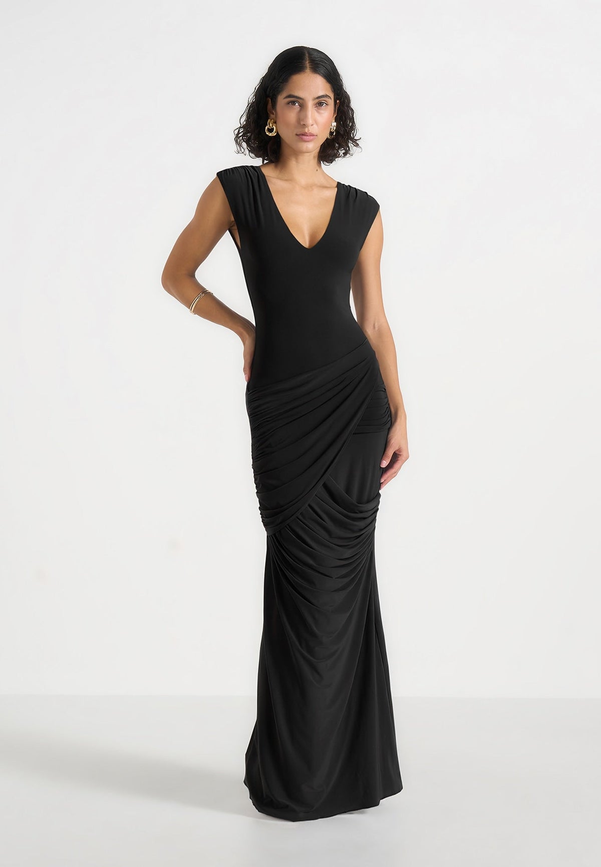 Bridget - V Neck Asym Ruched Maxi Dress - Black