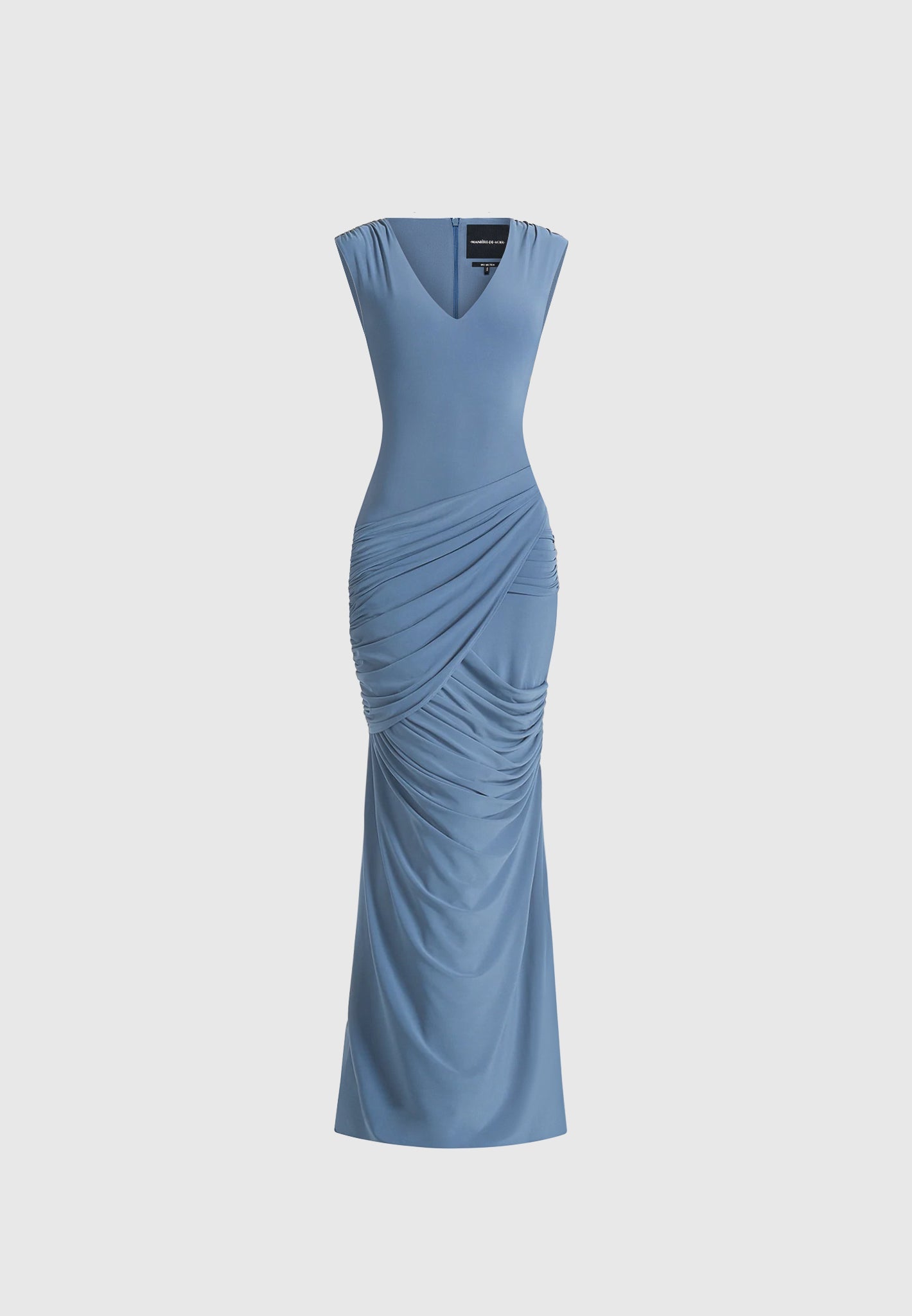 Bridget - V Neck Asym Ruched Maxi Dress - Blue