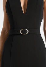 Deborah - Halter Neck Belted Polka Dot Pleat Maxi Dress - Black