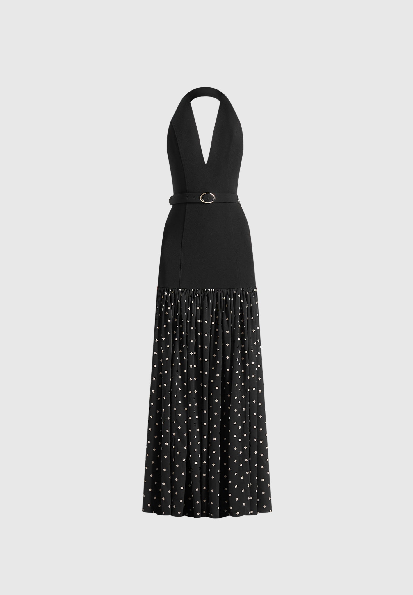 Deborah - Halter Neck Belted Polka Dot Pleat Maxi Dress - Black