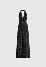 Deborah - Halter Neck Belted Polka Dot Pleat Maxi Dress - Black