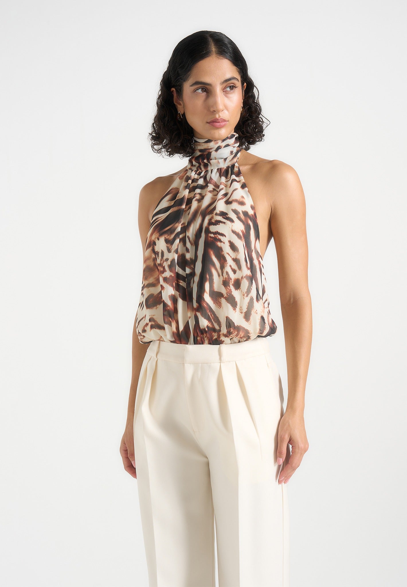 Phoebe - Animal Blouson Tie-Neck Open Back Top - Multi