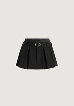 Rebecca - Pleated Belted Skort With Waistband - Black