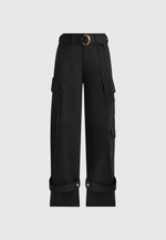 Natalie - Belted Wide Leg Strap Cuff Cargo Pant - Black
