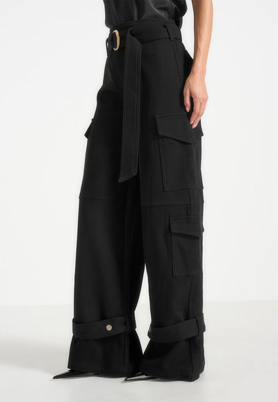 Natalie - Belted Wide Leg Strap Cuff Cargo Pant - Black