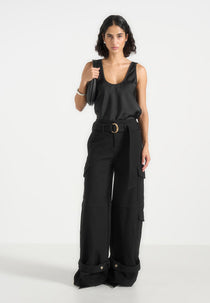 Natalie - Belted Wide Leg Strap Cuff Cargo Pant - Black