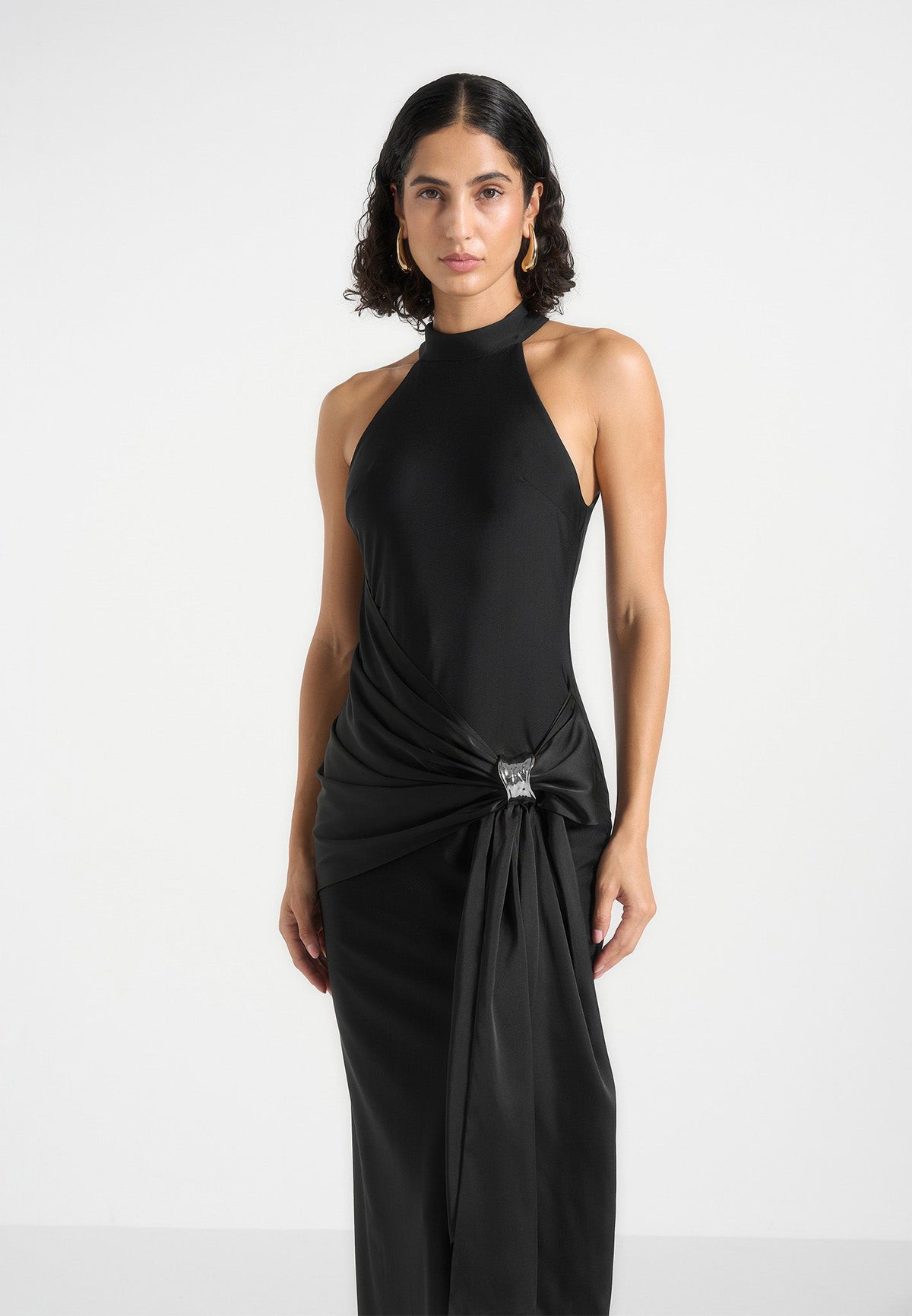 Willow - Halter Neck Clasp Detail Satin Sash Maxi Dress - Black