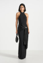 Willow - Halter Neck Clasp Detail Satin Sash Maxi Dress - Black