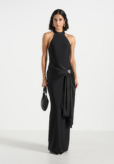 Willow - Halter Neck Clasp Detail Satin Sash Maxi Dress - Black