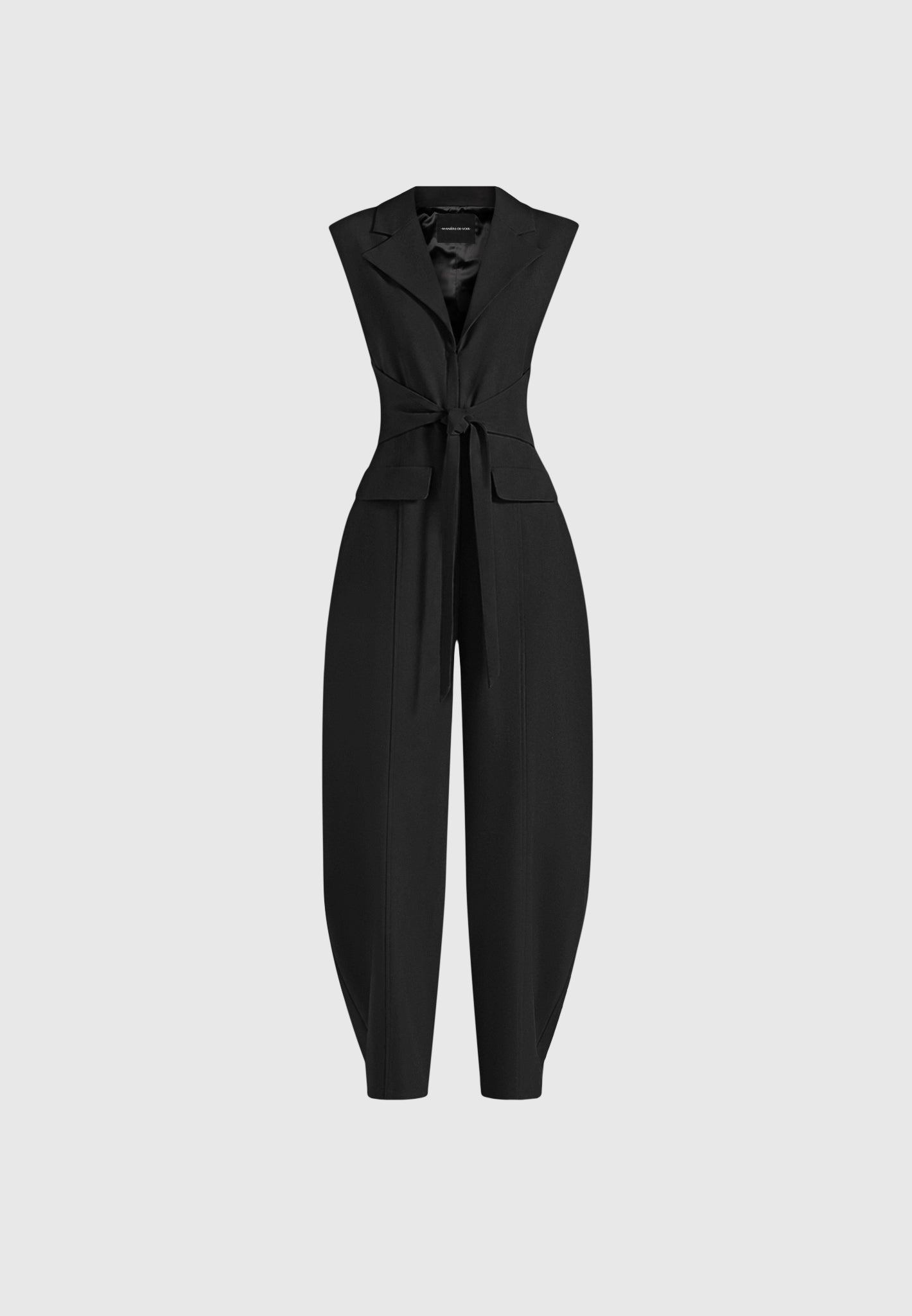 Kira - Tie-Waist Barrel Leg Tailored Jumpsuit - Black