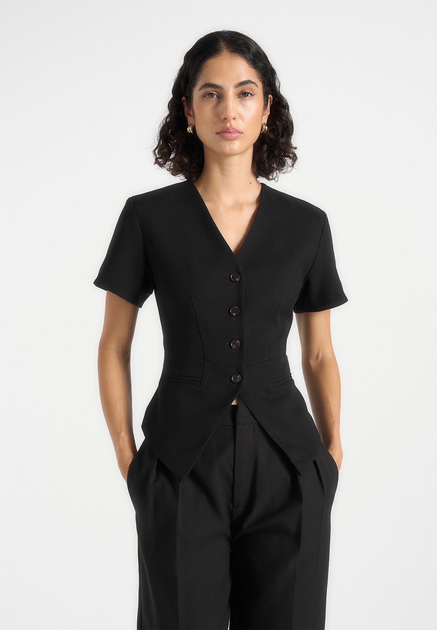 Yolanda - Tailored Peplum Suit Vest - Black