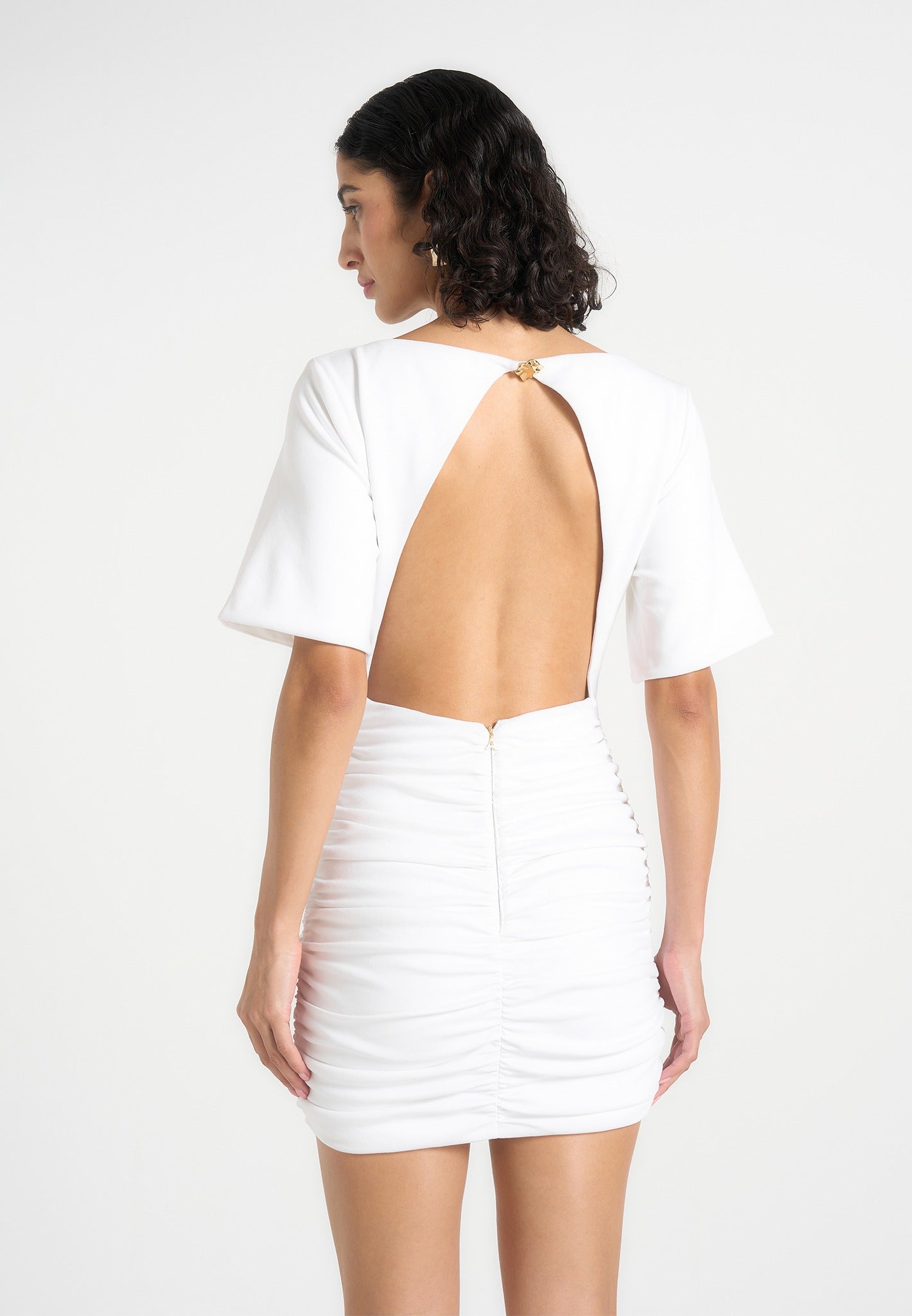 Summer - Ruched Open-Back Cotton T-Shirt Mini Dress - White