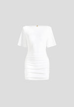 Summer - Ruched Open-Back Cotton T-Shirt Mini Dress - White