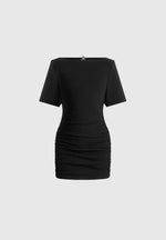 Summer - Ruched Open-Back Cotton T-Shirt Mini Dress - Black