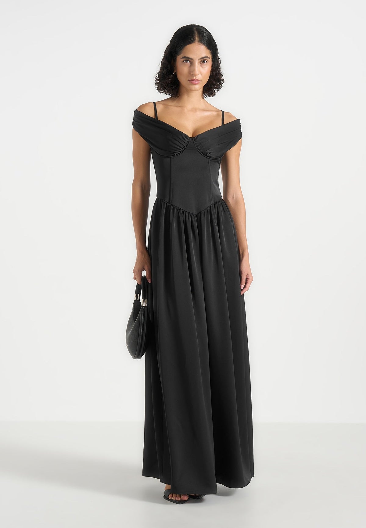 Sia - Off-Shoulder Satin Corset Maxi Dress - Black