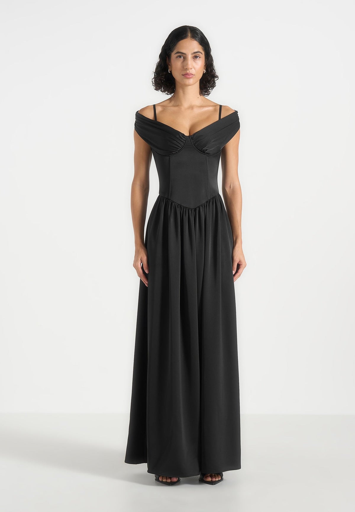 Sia - Off-Shoulder Satin Corset Maxi Dress - Black