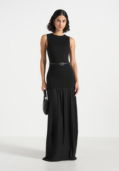 emma-crew-neck-belted-pleated-maxi-dress-black