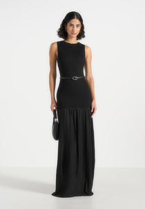 Emma - Crew Neck Crepe Belted Pleated Maxi Dress - Black