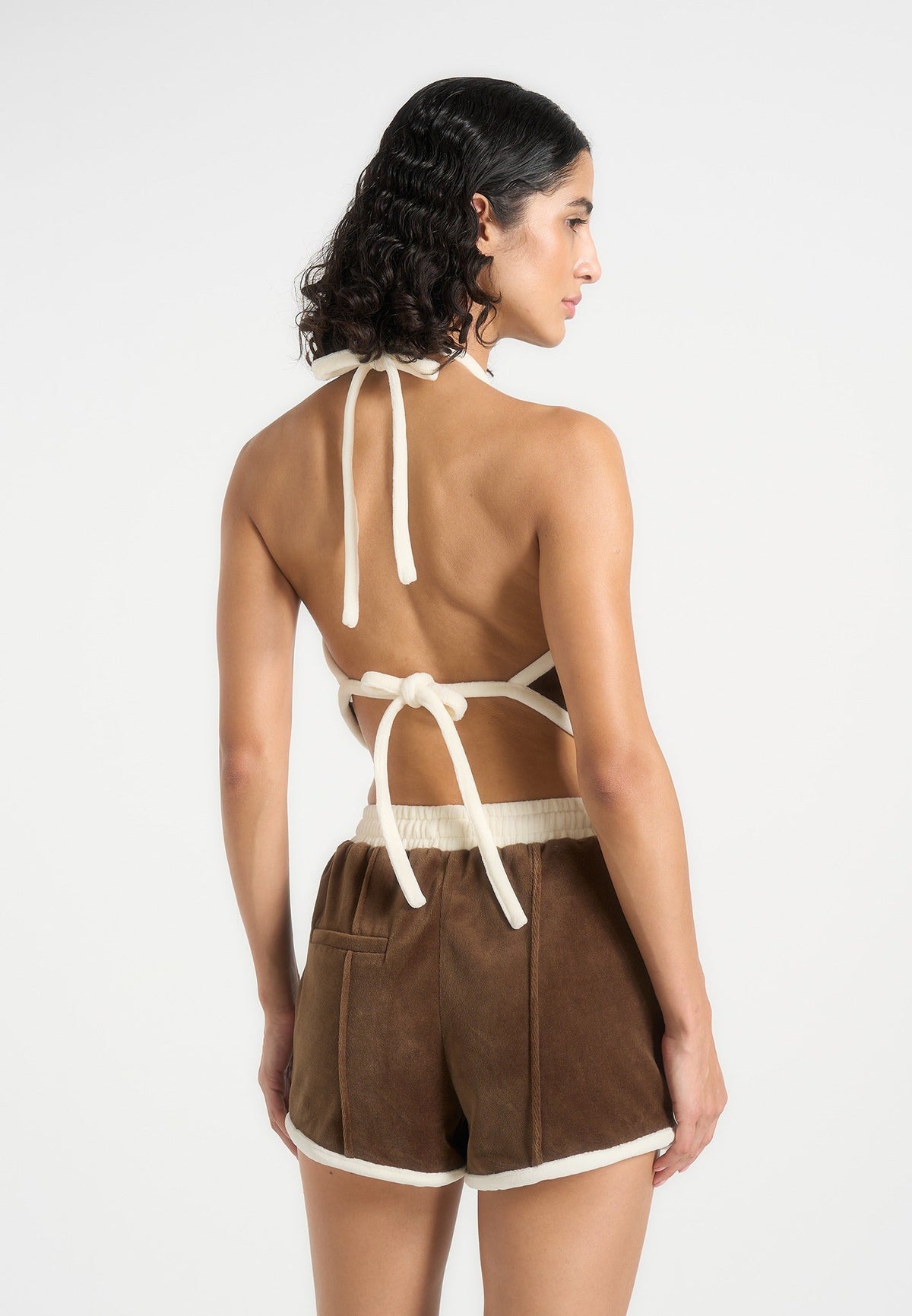 Malena - Contrast Velour Halter Top - Brown