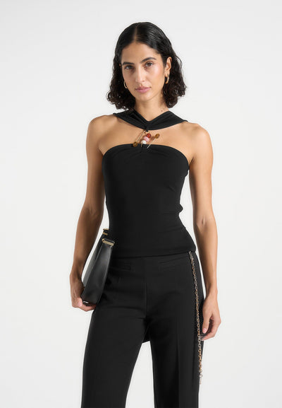 Abigail - Hardware Detail Open-Back Tie Crop Top - Black
