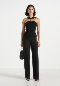Abigail - Hardware Detail Open-Back Tie Crop Top - Black