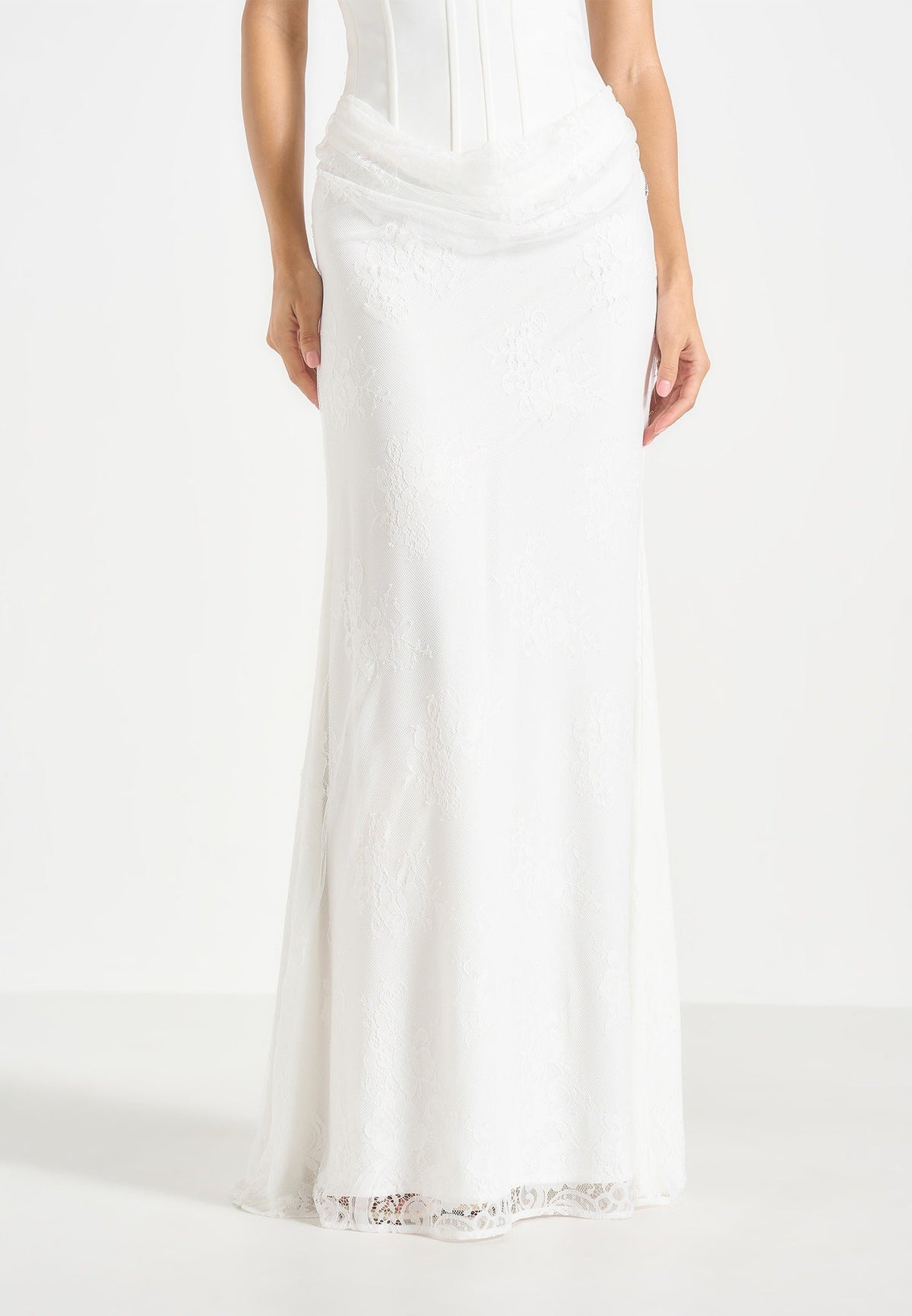Corina - Satin Corset Cowl Lace Maxi Dress - White