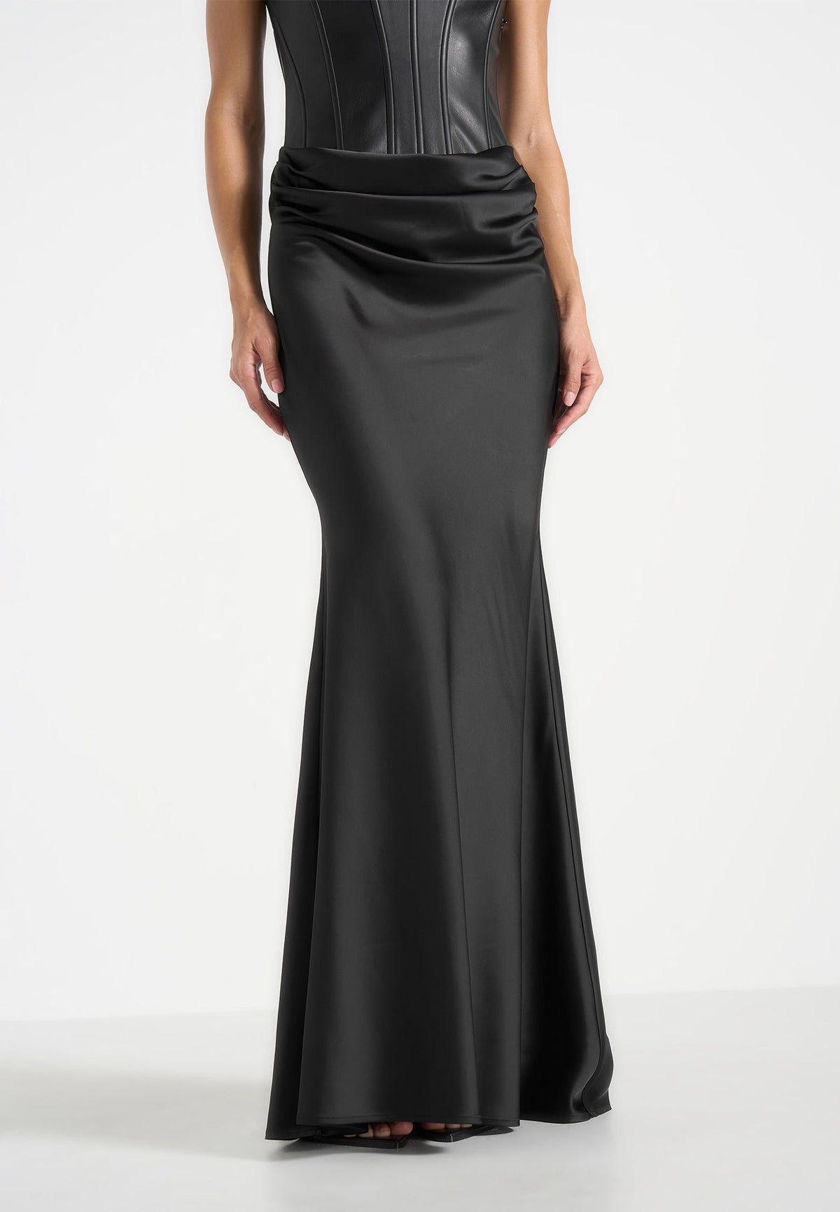 Corina - Leather Corset Cowl Satin Maxi Dress - Black